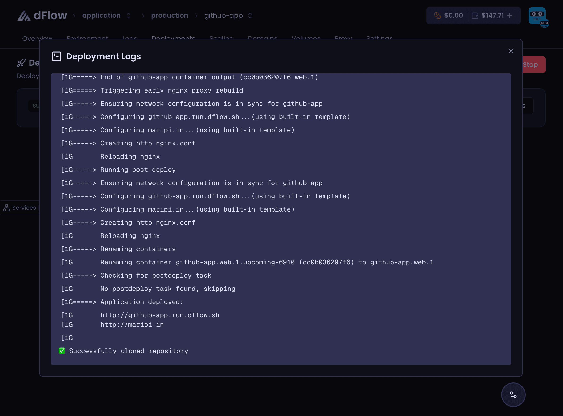 Deployment logs in dFlow
