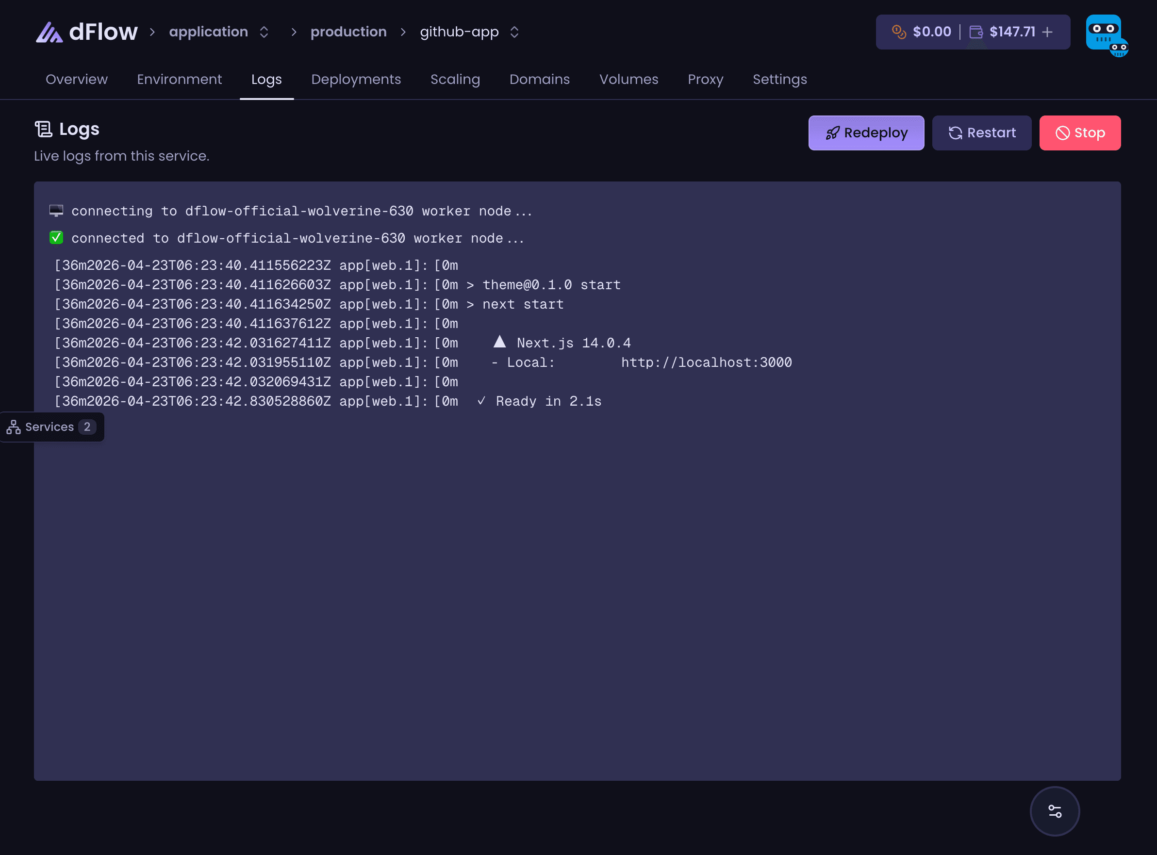 Service logs in dFlow